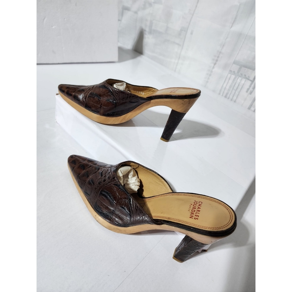 Charles Jourdan Snake Skin Leather on Wooden Platform Heels Brown Size 9